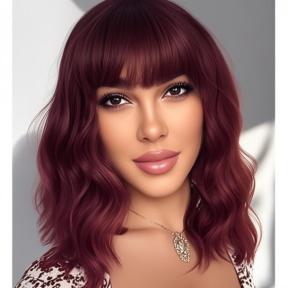 New YOUNIGA Short Bob Wavy Wig with Bangs Wine Red Color Wig - Picture 1 of 1